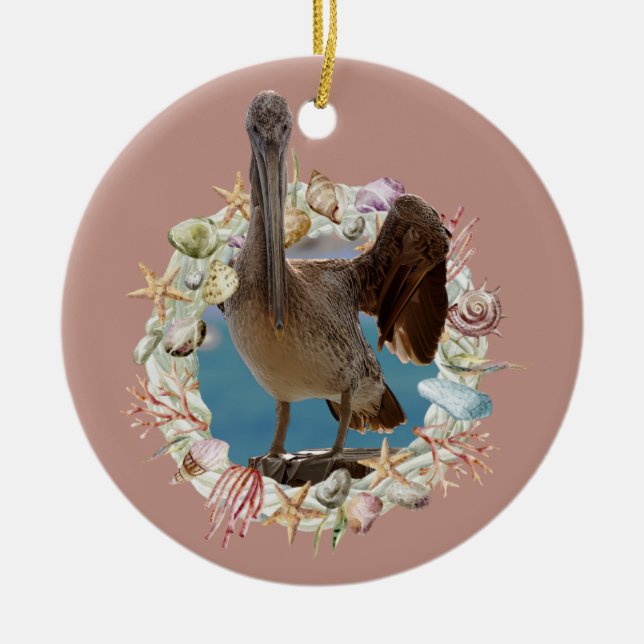 Ornamento De Cerâmica Beach Themed, Pelican e Seashell Wreath (Frente)