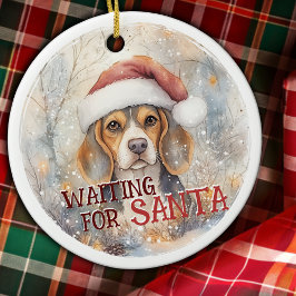 Ornamento De Cerâmica Beagle Aguardando Papais noeis Snowy Dog Natal