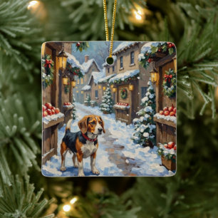 Ornamento De Cerâmica Beagle Antigo no Mercado de Natal Nevado