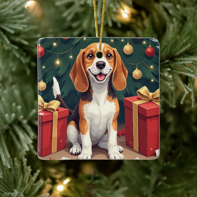 Ornamento De Cerâmica Beagle Christmas Morning Gift-Unboxing Painting (Árvore)