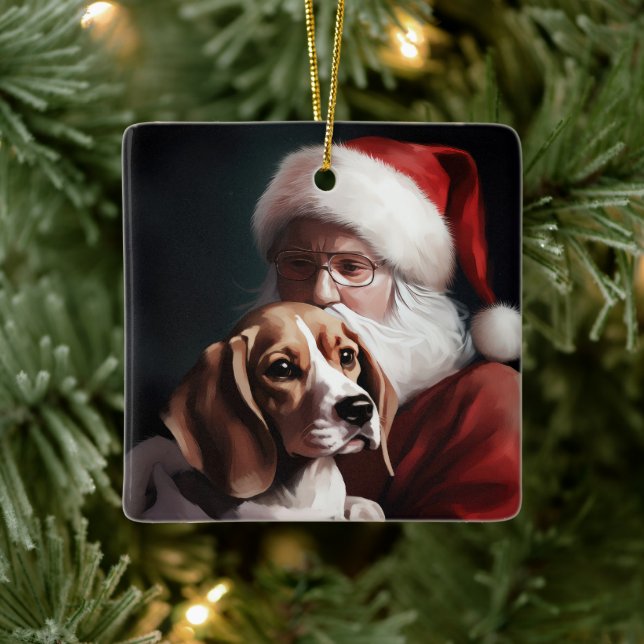 Ornamento De Cerâmica Beagle com Papai Noel Natal Festivo (Árvore)