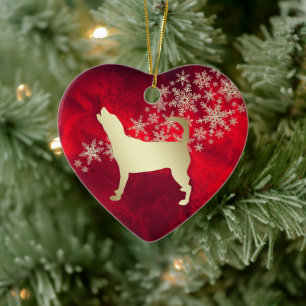 Ornamento De Cerâmica Beagle Floco de Neve Dourado Vermelho