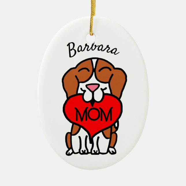 Ornamento De Cerâmica Beagle Mãe Desenho A Mão Do Coração (Frente)