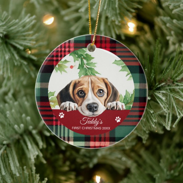 Ornamento De Cerâmica Beagle Personalizado Primeiro Natal (Árvore)