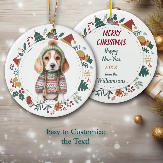 Ornamento De Cerâmica Beagle Puppy no inverno Sweet no Natal (Criador carregado)