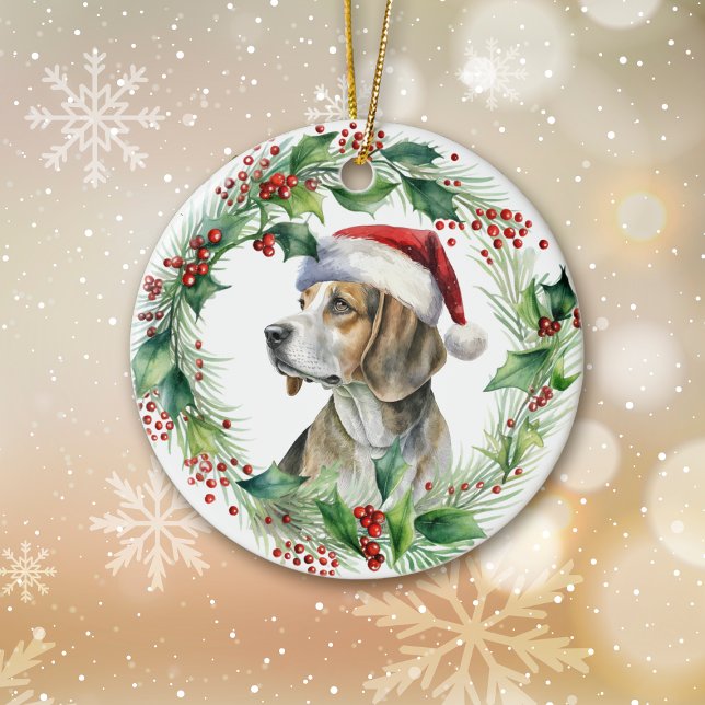 Ornamento De Cerâmica Beagle Santa Hat Holly Wreath Natal (Criador carregado)