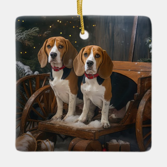 Ornamento De Cerâmica Beagle Snowy Sleigh Decência de Natal (Frente)