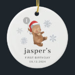 Ornamento De Cerâmica Bear Balloon Santa Hat<br><div class="desc">Um urso doce vestindo um chapéu de Papai Noel e segurando um balão de cinza com um pouco de '1' nele, perfeito como o Primeiro Aniversário, Keepsasaké! Você pode alterar o número 1 no balão para qualquer número e editar todo o outro texto ou remover o número, se preferir. Você...</div>