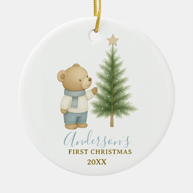Ornamento De Cerâmica Bear First Christmas Keepsake for Baby Boy (Frente)