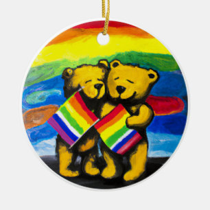 Ornamento De Cerâmica Bears Love Casal LGBT Sinalizador do arco-íris