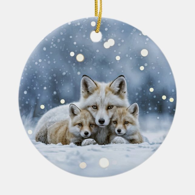 Ornamento De Cerâmica Beautiful Foxes in Snow Christmas (Frente)