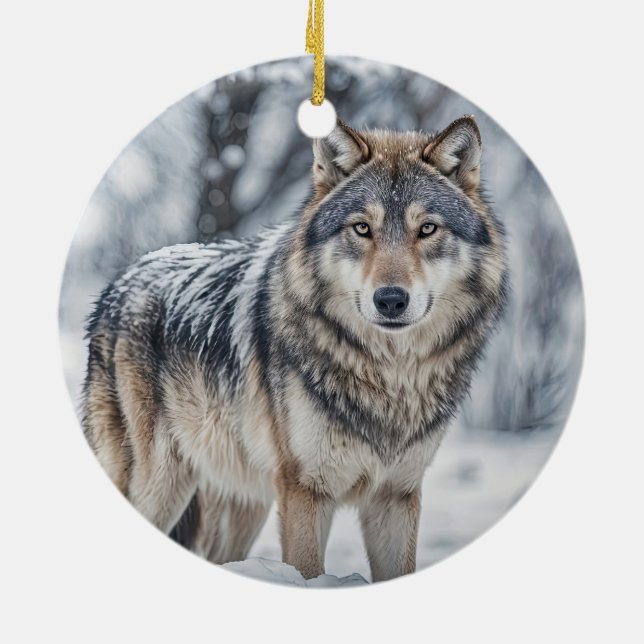 Ornamento De Cerâmica Beautiful Wolf in Snow Christmas Holiday (Traseira)