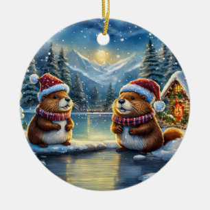 Ornamento De Cerâmica Beavers Holiday Design Por Rich AMeN Gill