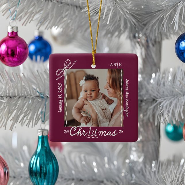 Ornamento De Cerâmica Bebê 1rua Natal Arco Escrivável Mínimo (Baby 1st Christmas Minimal Hand Drawn Scribble Bow Ceramic Ornament)