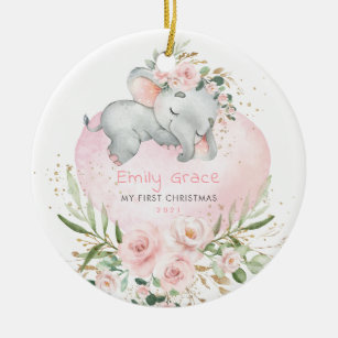 Ornamento De Cerâmica Bebê 1rua Primeiro Elefante Floral Blush de Natal
