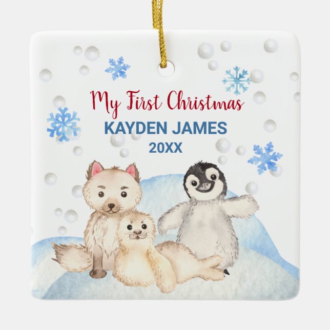 Ornamento De Cerâmica Bebê 1rua Primeiro Natal Animais Árcticos Aquarela (Frente)