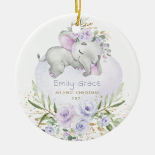 Ornamento De Cerâmica Bebê 1rua Primeiro Natal Púrpura Elefante