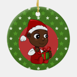 Ornamento De Cerâmica Bebê afro-americano bonito com chapéu de Natal