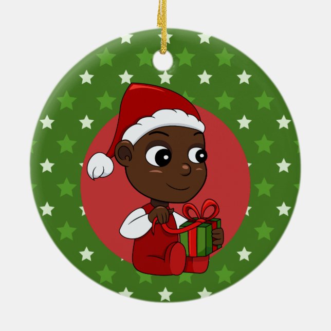 Ornamento De Cerâmica Bebê afro-americano bonito com chapéu de Natal (Traseira)