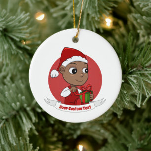 Ornamento De Cerâmica Bebê afro-americano bonito com chapéu de Papai Noe