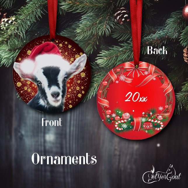 Ornamento De Cerâmica Bebê Alpino Leitão Goat Santa Hat Natal Natal (Oil painting of a cute Nigerian Dwarf baby goat in a Santa Hat - with gold snowflakes - #zazzlemade )