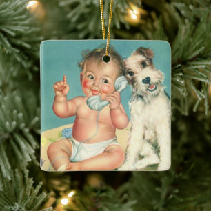 Ornamento De Cerâmica Bebê bonito do vintage que fala no cão de filhot