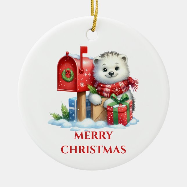 Ornamento De Cerâmica Bebê bonito, Urso Polar Natal (Frente)