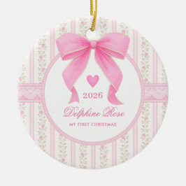 Ornamento De Cerâmica Bebê com Laço Rosa 1º Natal Coquette Floral Foto
