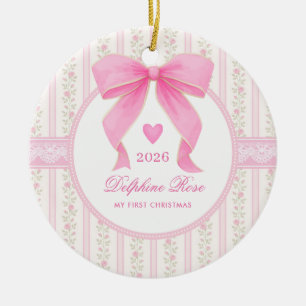 Ornamento De Cerâmica Bebê com Laço Rosa 1º Natal Coquette Floral Foto