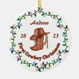Ornamento De Cerâmica Bebê Cowboy Personalizado Primeiro Natal