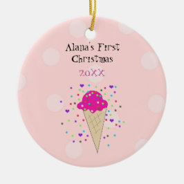 Ornamento De Cerâmica Bebê de Cone de Sorvete Rosa Primeiro Natal