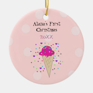 Ornamento De Cerâmica Bebê de Cone de Sorvete Rosa Primeiro Natal