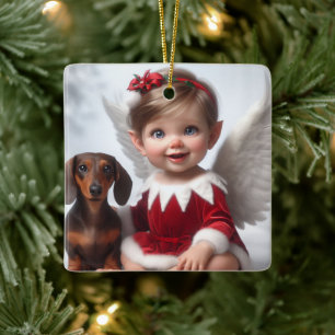Ornamento De Cerâmica Bebê de Natal Elf e Cartão Dachshund