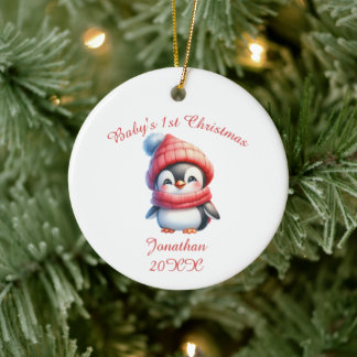 Ornamento De Cerâmica Bebê de Pinguim Fofo Primeiro Personalizado