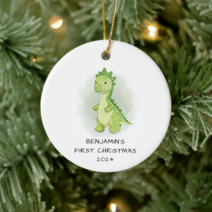 Ornamento De Cerâmica Bebê Dinossauro Verde Fofo no Primeiro Natal