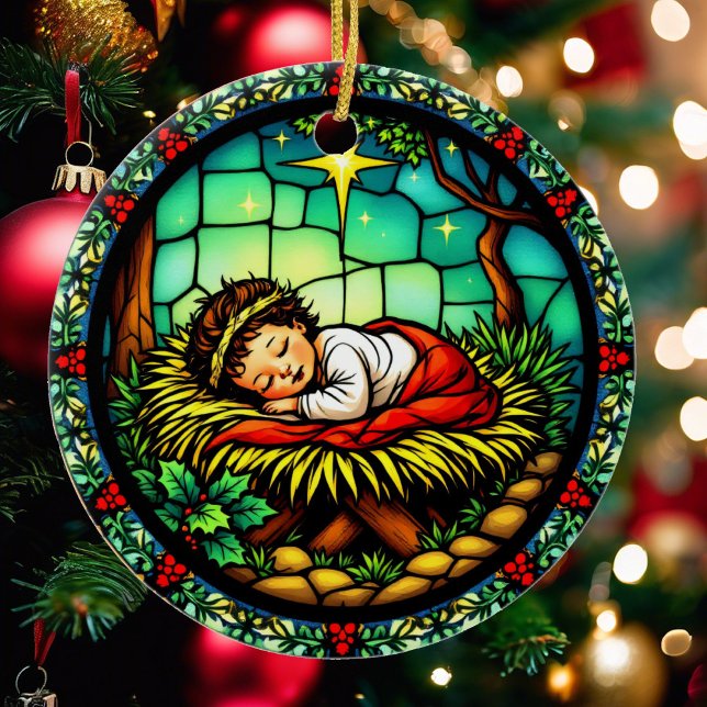Ornamento De Cerâmica Bebê Dormindo Jesus Nome e Data de Natal (Criador carregado)