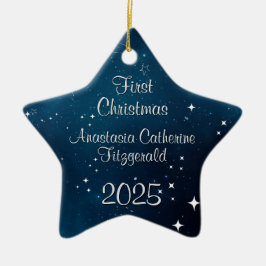 Ornamento De Cerâmica Bebê Espacial Azul Celestial no Primeiro Natal