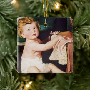 Ornamento De Cerâmica Bebê Fofo Antigo Brincando com Gaveta de Roupas