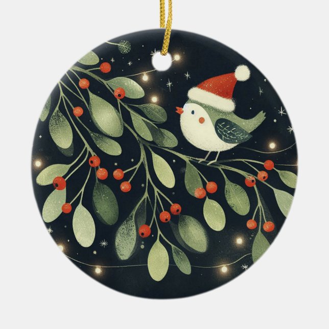 Ornamento De Cerâmica Bebê Foto de Natal Mistletoe Robin Wreath (Frente)