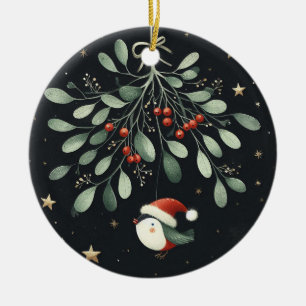 Ornamento De Cerâmica Bebê Foto de Natal Mistletoe Robin Wreath