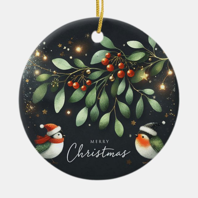 Ornamento De Cerâmica Bebê Foto de Natal Mistletoe Robin Wreath (Frente)