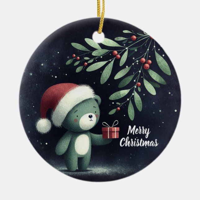 Ornamento De Cerâmica Bebê Foto de Natal Mistletoe Robin Wreath (Frente)