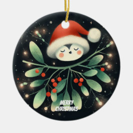 Ornamento De Cerâmica Bebê Foto de Natal Mistletoe Robin Wreath