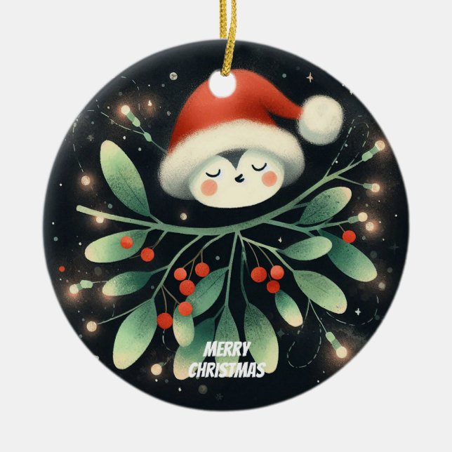 Ornamento De Cerâmica Bebê Foto de Natal Mistletoe Robin Wreath (Frente)