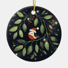 Ornamento De Cerâmica Bebê Foto de Natal Mistletoe Robin Wreath