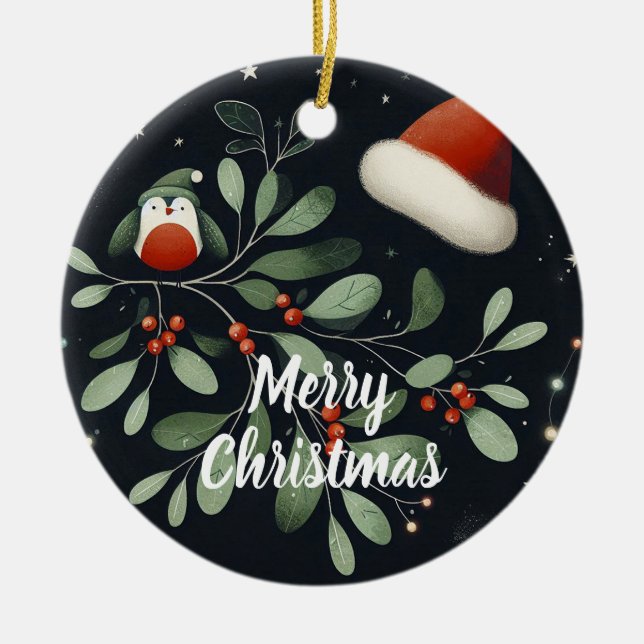 Ornamento De Cerâmica Bebê Foto de Natal Mistletoe Robin Wreath (Frente)