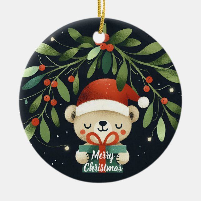 Ornamento De Cerâmica Bebê Foto de Natal Mistletoe Robin Wreath (Frente)