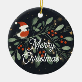 Ornamento De Cerâmica Bebê Foto de Natal Mistletoe Robin Wreath