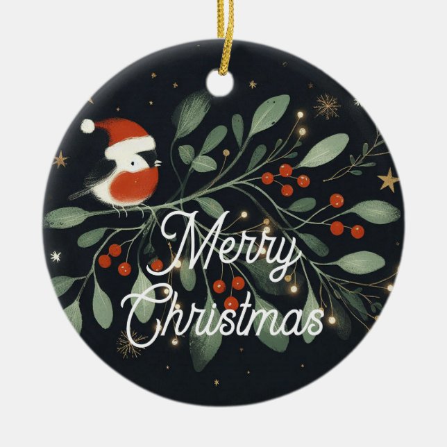 Ornamento De Cerâmica Bebê Foto de Natal Mistletoe Robin Wreath (Frente)