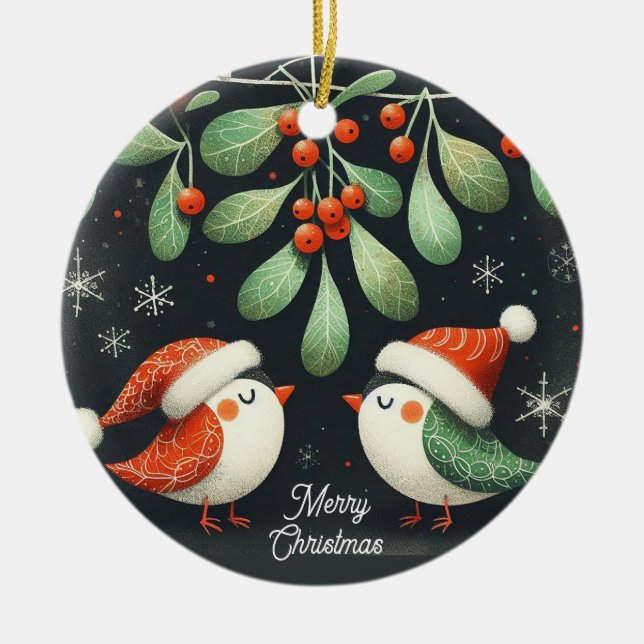 Ornamento De Cerâmica Bebê Foto de Natal Mistletoe Robin Wreath (Frente)